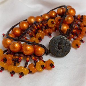 Flowers!  Woven Bracelet w/Drizzled Bronze Glass Beads, Fringe, Vintage Button